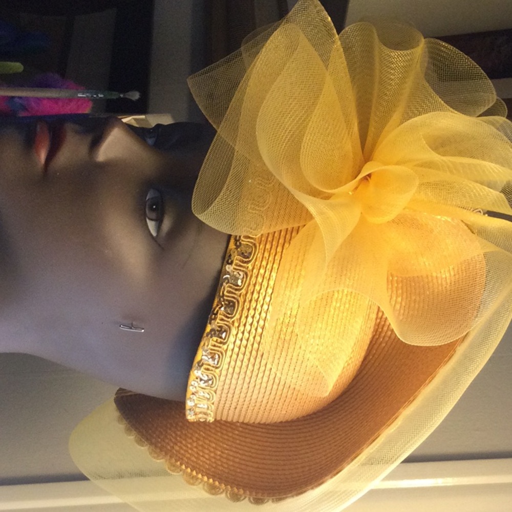 Vintage golden yellow hat with mesh decorations and trimmed with sequins